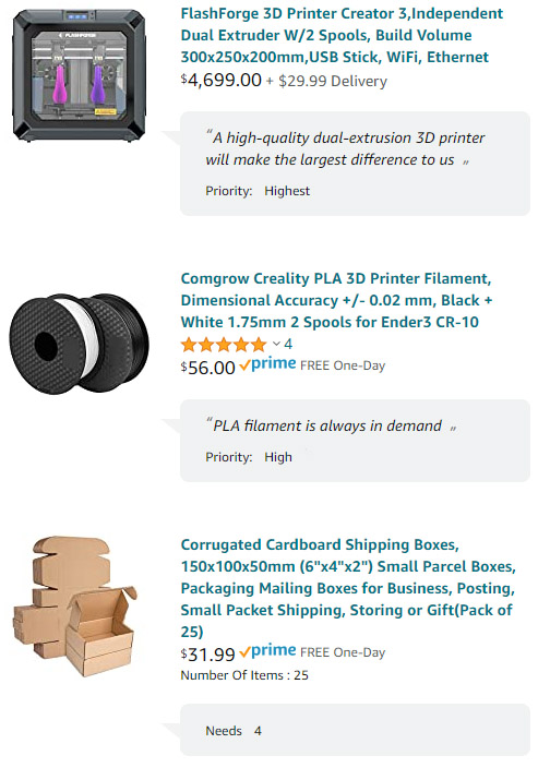 A screenshot of the Access3D Amazon Wishlist that includes 3D-printers, filament, and shipping supplies